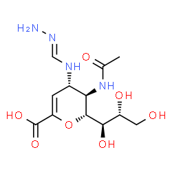 ChemSpider 2D Image | (6R)-5-Acetamido-2,6-anhydro-3,4,5-trideoxy-4-{[(E)-hydrazonomethyl]amino}-6-[(1R,2R)-1,2,3-trihydroxypropyl]-L-threo-hex-2-enonic acid | C12H20N4O7