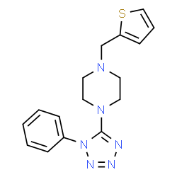ChemSpider 2D Image | 1-(1-Phenyl-1H-tetrazol-5-yl)-4-(2-thienylmethyl)piperazine | C16H18N6S