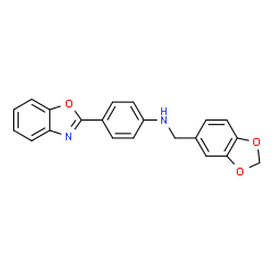 ChemSpider 2D Image | Benzo[1,3]dioxol-5-ylmethyl-(4-benzooxazol-2-yl-phenyl)-amine | C21H16N2O3