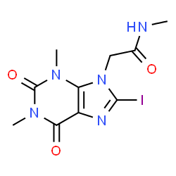 ChemSpider 2D Image | 2-(8-Iodo-1,3-dimethyl-2,6-dioxo-1,2,3,6-tetrahydro-9H-purin-9-yl)-N-methylacetamide | C10H12IN5O3