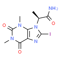 ChemSpider 2D Image | (2S)-2-(8-Iodo-1,3-dimethyl-2,6-dioxo-1,2,3,6-tetrahydro-9H-purin-9-yl)propanamide | C10H12IN5O3
