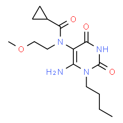 ChemSpider 2D Image | N-(6-Amino-1-butyl-2,4-dioxo-1,2,3,4-tetrahydro-5-pyrimidinyl)-N-(2-methoxyethyl)cyclopropanecarboxamide | C15H24N4O4