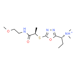 ChemSpider 2D Image | (1R)-1-[5-({(2R)-1-[(2-Methoxyethyl)amino]-1-oxo-2-propanyl}sulfanyl)-1,3,4-oxadiazol-2-yl]-N,N-dimethyl-1-propanaminium | C13H25N4O3S