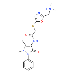 ChemSpider 2D Image | [5-({2-[(1,5-Dimethyl-3-oxo-2-phenyl-2,3-dihydro-1H-pyrazol-4-yl)amino]-2-oxoethyl}sulfanyl)-1,3,4-oxadiazol-2-yl]-N,N-dimethylmethanaminium | C18H23N6O3S