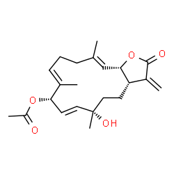 ChemSpider 2D Image | (3aS,6S,7E,9S,10E,14E,15aS)-6-Hydroxy-6,10,14-trimethyl-3-methylene-2-oxo-2,3,3a,4,5,6,9,12,13,15a-decahydrocyclotetradeca[b]furan-9-yl acetate | C22H30O5