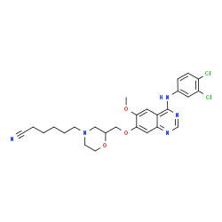 ChemSpider 2D Image | 6-{2-[({4-[(3,4-Dichlorophenyl)amino]-6-methoxy-7-quinazolinyl}oxy)methyl]-4-morpholinyl}hexanenitrile | C26H29Cl2N5O3