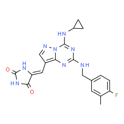 ChemSpider 2D Image | (5Z)-5-({4-(Cyclopropylamino)-2-[(4-fluoro-3-methylbenzyl)amino]pyrazolo[1,5-a][1,3,5]triazin-8-yl}methylene)-2,4-imidazolidinedione | C20H19FN8O2