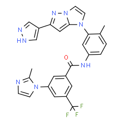 ChemSpider 2D Image | 3-(2-Methyl-1H-imidazol-1-yl)-N-{4-methyl-3-[6-(1H-pyrazol-4-yl)-1H-imidazo[1,2-b]pyrazol-1-yl]phenyl}-5-(trifluoromethyl)benzamide | C27H21F3N8O