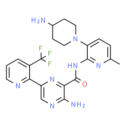 ChemSpider 2D Image | 3-Amino-N-[3-(4-amino-1-piperidinyl)-6-methyl-2-pyridinyl]-6-[3-(trifluoromethyl)-2-pyridinyl]-2-pyrazinecarboxamide | C22H23F3N8O