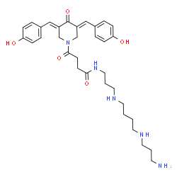 ChemSpider 2D Image | N-[3-({4-[(3-Aminopropyl)amino]butyl}amino)propyl]-4-[(3E,5E)-3,5-bis(4-hydroxybenzylidene)-4-oxo-1-piperidinyl]-4-oxobutanamide | C33H45N5O5