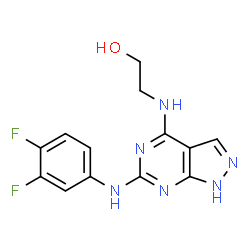 ChemSpider 2D Image | 2-({6-[(3,4-Difluorophenyl)amino]-1H-pyrazolo[3,4-d]pyrimidin-4-yl}amino)ethanol | C13H12F2N6O