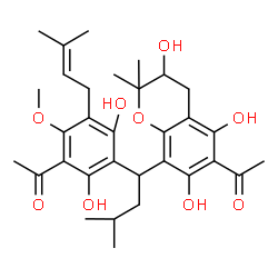 ChemSpider 2D Image | 1-(8-{1-[3-Acetyl-2,6-dihydroxy-4-methoxy-5-(3-methyl-2-buten-1-yl)phenyl]-3-methylbutyl}-3,5,7-trihydroxy-2,2-dimethyl-3,4-dihydro-2H-chromen-6-yl)ethanone | C32H42O9