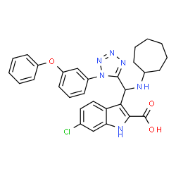 ChemSpider 2D Image | 6-Chloro-3-{(cycloheptylamino)[1-(3-phenoxyphenyl)-1H-tetrazol-5-yl]methyl}-1H-indole-2-carboxylic acid | C30H29ClN6O3