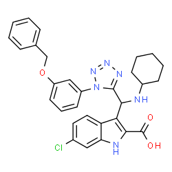 ChemSpider 2D Image | 3-[{1-[3-(Benzyloxy)phenyl]-1H-tetrazol-5-yl}(cyclohexylamino)methyl]-6-chloro-1H-indole-2-carboxylic acid | C30H29ClN6O3