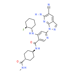ChemSpider 2D Image | 6-(6-Amino-5-cyano-1H-pyrazolo[3,4-b]pyridin-1-yl)-4-{[(1S,2S)-2-fluorocyclohexyl]amino}-N-[trans-4-(methylcarbamoyl)cyclohexyl]nicotinamide | C27H32FN9O2