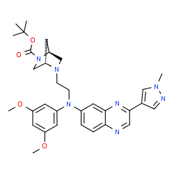 ChemSpider 2D Image | 2-Methyl-2-propanyl (1S,4S)-5-(2-{(3,5-dimethoxyphenyl)[3-(1-methyl-1H-pyrazol-4-yl)-6-quinoxalinyl]amino}ethyl)-2,5-diazabicyclo[2.2.1]heptane-2-carboxylate | C32H39N7O4