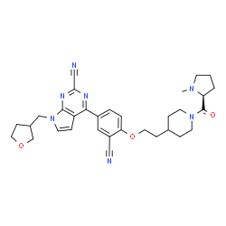 ChemSpider 2D Image | 4-(3-Cyano-4-{2-[1-(1-methyl-L-prolyl)-4-piperidinyl]ethoxy}phenyl)-7-(tetrahydro-3-furanylmethyl)-7H-pyrrolo[2,3-d]pyrimidine-2-carbonitrile | C32H37N7O3