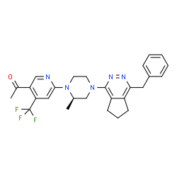 ChemSpider 2D Image | 1-{6-[(2R)-4-(4-Benzyl-6,7-dihydro-5H-cyclopenta[d]pyridazin-1-yl)-2-methyl-1-piperazinyl]-4-(trifluoromethyl)-3-pyridinyl}ethanone | C27H28F3N5O