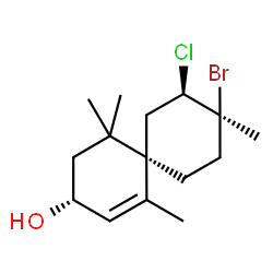 ChemSpider 2D Image | (3R,6R,8R,9S)-9-Bromo-8-chloro-1,5,5,9-tetramethylspiro[5.5]undec-1-en-3-ol | C15H24BrClO