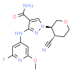 ChemSpider 2D Image | 1-[(3R,4S)-4-Cyanotetrahydro-2H-pyran-3-yl]-3-[(2-fluoro-6-methoxy-4-pyridinyl)amino]-1H-pyrazole-4-carboxamide | C16H17FN6O3
