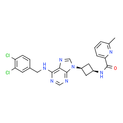 ChemSpider 2D Image | N-(cis-3-{6-[(3,4-Dichlorobenzyl)amino]-9H-purin-9-yl}cyclobutyl)-6-methyl-2-pyridinecarboxamide | C23H21Cl2N7O