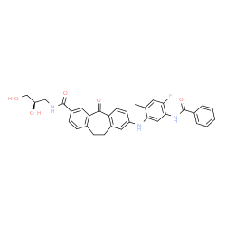 ChemSpider 2D Image | 8-{[5-(Benzoylamino)-4-fluoro-2-methylphenyl]amino}-N-[(2R)-2,3-dihydroxypropyl]-5-oxo-10,11-dihydro-5H-dibenzo[a,d][7]annulene-3-carboxamide | C33H30FN3O5