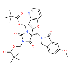 ChemSpider 2D Image | {(4S)-4-(Furo[3,2-b]pyridin-2-yl)-4-[(6-methoxy-1-oxo-1,3-dihydro-2H-isoindol-2-yl)methyl]-2,5-dioxo-1,3-imidazolidinediyl}bis(methylene) bis(2,2-dimethylpropanoate) | C32H36N4O9