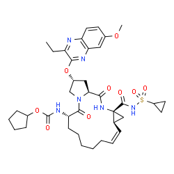 ChemSpider 2D Image | Cyclopentyl {(2R,6S,12Z,13aS,14aR,16aS)-14a-[(cyclopropylsulfonyl)carbamoyl]-2-[(3-ethyl-7-methoxy-2-quinoxalinyl)oxy]-5,16-dioxo-1,2,3,5,6,7,8,9,10,11,13a,14,14a,15,16,16a-hexadecahydrocyclopropa[e]p
yrrolo[1,2-a][1,4]diazacyclopentadecin-6-yl}carbamate | C38H50N6O9S