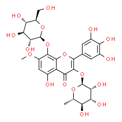ChemSpider 2D Image | 3-[(6-Deoxy-alpha-L-mannopyranosyl)oxy]-5-hydroxy-7-methoxy-4-oxo-2-(3,4,5-trihydroxyphenyl)-4H-chromen-8-yl beta-D-glucopyranoside | C28H32O18