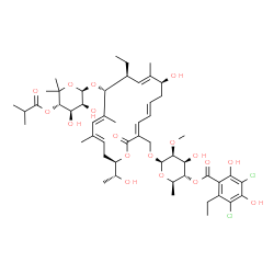 ChemSpider 2D Image | (2R,3S,4S,5S,6R)-6-({(3E,5E,8S,9E,11S,12R,13E,15E,18R)-12-{[(2R,3S,4R,5S)-3,4-Dihydroxy-5-(isobutyryloxy)-6,6-dimethyltetrahydro-2H-pyran-2-yl]oxy}-11-ethyl-8-hydroxy-18-[(1R)-1-hydroxyethyl]-9,13,15-
trimethyl-2-oxooxacyclooctadeca-3,5,9,13,15-pentaen-3-yl}methoxy)-4-hydroxy-5-methoxy-2-methyltetrahydro-2H-pyran-3-yl 3,5-dichloro-2-ethyl-4,6-dihydroxybenzoate (non-preferred name) | C52H74Cl2O18