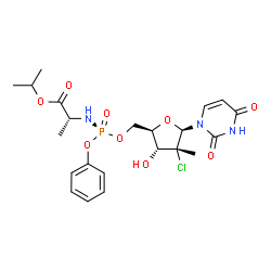 ChemSpider 2D Image | Isopropyl (2R)-2-{[(S)-{[(2R,3R,4R,5R)-4-chloro-5-(2,4-dioxo-3,4-dihydro-1(2H)-pyrimidinyl)-3-hydroxy-4-methyltetrahydro-2-furanyl]methoxy}(phenoxy)phosphoryl]amino}propanoate (non-preferred name) | C22H29ClN3O9P