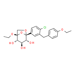 ChemSpider 2D Image | (1S,2S,3R,4R,5S)-5-[4-Chloro-3-(4-ethoxybenzyl)phenyl]-1-ethoxy-6,8-dioxabicyclo[3.2.1]octane-2,3,4-triol (non-preferred name) | C23H27ClO7