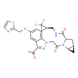 ChemSpider 2D Image | (1R,3S,5R)-2-{[3-Acetyl-5-(1,3-thiazol-2-ylmethoxy)-1H-indazol-1-yl]acetyl}-N-{[(1R)-2,2-dichlorocyclopropyl]methyl}-2-azabicyclo[3.1.0]hexane-3-carboxamide | C25H25Cl2N5O4S