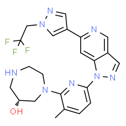 ChemSpider 2D Image | (6R)-1-(3-Methyl-6-{6-[1-(2,2,2-trifluoroethyl)-1H-pyrazol-4-yl]-1H-pyrazolo[4,3-c]pyridin-1-yl}-2-pyridinyl)-1,4-diazepan-6-ol | C22H23F3N8O