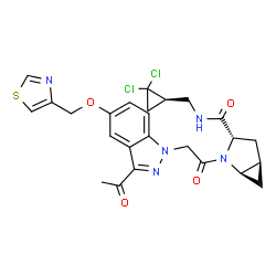 ChemSpider 2D Image | (1R,3S,5R)-2-{[3-Acetyl-5-(1,3-thiazol-4-ylmethoxy)-1H-indazol-1-yl]acetyl}-N-{[(1R)-2,2-dichlorocyclopropyl]methyl}-2-azabicyclo[3.1.0]hexane-3-carboxamide | C25H25Cl2N5O4S