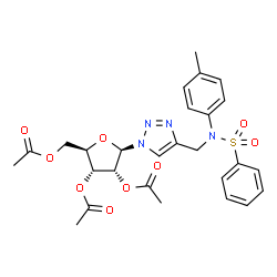 ChemSpider 2D Image | 4-{[(4-Methylphenyl)(phenylsulfonyl)amino]methyl}-1-(2,3,5-tri-O-acetyl-beta-D-ribofuranosyl)-1H-1,2,3-triazole | C27H30N4O9S