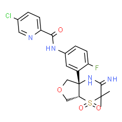 ChemSpider 2D Image | 5-Chloro-N-{4-fluoro-3-[(4aS,7aS)-3-imino-2,2-dimethyl-1,1-dioxidotetrahydro-2H-furo[3,4-b][1,4]thiazin-4a(5H)-yl]phenyl}-2-pyridinecarboxamide | C20H20ClFN4O4S