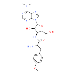 ChemSpider 2D Image | 2-Amino-N-[(2S,3S,4R)-5-[6-(dimethylamino)-9H-purin-9-yl]-4-hydroxy-2-(hydroxymethyl)tetrahydro-3-furanyl]-3-(4-methoxyphenyl)propanamide (non-preferred name) | C22H29N7O5