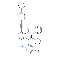 ChemSpider 2D Image | 2-Amino-4-methyl-6-[(2S)-2-{4-oxo-5-[6-oxo-6-(1-pyrrolidinyl)-1-hexyn-1-yl]-3-phenyl-3,4-dihydro-2-quinazolinyl}-1-pyrrolidinyl]-5-pyrimidinecarbonitrile | C34H34N8O2