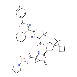 ChemSpider 2D Image | (5R,8S)-7-[(2S)-2-{[(2S)-2-Cyclohexyl-2-{[(5-methyl-2-pyrazinyl)carbonyl]amino}acetyl]amino}-3,3-dimethylbutanoyl]-10,10-dimethyl-N-{(1R,2S)-1-[(1-pyrrolidinylsulfonyl)carbamoyl]-2-vinylcyclopropyl}-7
-azadispiro[3.0.4.1]decane-8-carboxamide (non-preferred name) | C42H62N8O7S