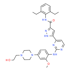 ChemSpider 2D Image | N-(2,6-Diethylphenyl)-5-[2-({4-[4-(2-hydroxyethyl)-1-piperazinyl]-2-methoxyphenyl}amino)-4-pyrimidinyl]-1H-pyrazole-3-carboxamide | C31H38N8O3