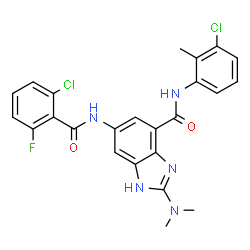ChemSpider 2D Image | 6-[(2-Chloro-6-fluorobenzoyl)amino]-N-(3-chloro-2-methylphenyl)-2-(dimethylamino)-1H-benzimidazole-4-carboxamide | C24H20Cl2FN5O2