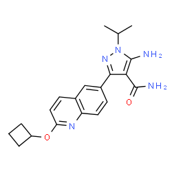 ChemSpider 2D Image | 5-Amino-3-[2-(cyclobutyloxy)-6-quinolinyl]-1-isopropyl-1H-pyrazole-4-carboxamide | C20H23N5O2