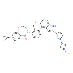 ChemSpider 2D Image | 8-Cyclopropyl-4-[3-{2-[1-(1-ethyl-3-azetidinyl)-1H-pyrazol-4-yl]-1H-pyrrolo[2,3-b]pyridin-4-yl}-2-(hydroxymethyl)phenyl]-3,4-dihydro-1,4-benzoxazepin-5(2H)-one | C34H34N6O3