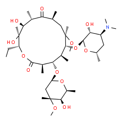 ChemSpider 2D Image | (3R,4S,5S,6R,7R,9S,11S,12S,13S,14R)-6-{[(2S,3R,4S,6S)-4-(Dimethylamino)-3-hydroxy-6-methyltetrahydro-2H-pyran-2-yl]oxy}-14-ethyl-12,13-dihydroxy-4-{[(2S,4R,5R,6S)-5-hydroxy-4-methoxy-4,6-dimethyltetra
hydro-2H-pyran-2-yl]oxy}-7-methoxy-3,5,7,9,11,13-hexamethyloxacyclotetradecane-2,10-dione (non-preferred name) | C38H69NO13