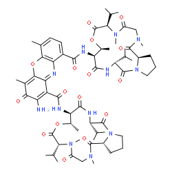 ChemSpider 2D Image | 2-Amino-N~1~-[(6R,9S,10R,13S,18aR)-6,13-diisopropyl-2,5,9-trimethyl-1,4,7,11,14-pentaoxohexadecahydro-1H-pyrrolo[2,1-i][1,4,7,10,13]oxatetraazacyclohexadecin-10-yl]-N~9~-[(6R,9S,10S,13R,18aR)-6,13-dii
sopropyl-2,5,9-trimethyl-1,4,7,11,14-pentaoxohexadecahydro-1H-pyrrolo[2,1-i][1,4,7,10,13]oxatetraazacyclohexadecin-10-yl]-4,6-dimethyl-3-oxo-3H-phenoxazine-1,9-dicarboxamide | C62H86N12O16