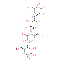 ChemSpider 2D Image | 4,6-Dideoxy-4-{[(1S,4S,5S,6R)-4,5,6-trihydroxy-3-(hydroxymethyl)-2-cyclohexen-1-yl]amino}-alpha-L-talopyranosyl-(1->4)-alpha-D-talopyranosyl-(1->4)-beta-L-gulopyranose | C25H43NO18