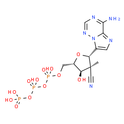 ChemSpider 2D Image | (5S)-5-(4-Aminoimidazo[2,1-f][1,2,4]triazin-7-yl)-2,5-anhydro-4-cyano-4-deoxy-1-O-(hydroxy{[hydroxy(phosphonooxy)phosphoryl]oxy}phosphoryl)-4-methyl-D-ribitol | C12H17N6O12P3