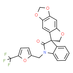 ChemSpider 2D Image | (7R)-1'-{[5-(Trifluoromethyl)-2-furyl]methyl}spiro[furo[2,3-f][1,3]benzodioxole-7,3'-indol]-2'(1'H)-one | C22H14F3NO5