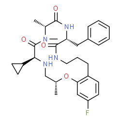 ChemSpider 2D Image | (2R,5S,8R,11R)-11-Benzyl-5-cyclopropyl-19-fluoro-2,7,8-trimethyl-4,5,7,8,10,11,13,14,15,16-decahydro-2H-1,4,7,10,13-benzoxatetraazacyclooctadecine-6,9,12(3H)-trione | C30H39FN4O4